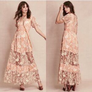 For Love and Lemons Peach‎ Mia Floral Embroidered Sheer Tiered Maxi Dress Small
